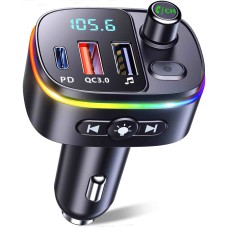 Mohard Bluetooth Adapter Auto, PD 18W & QC3.0 FM Transmitter Auto Bluetooth 5.0, 9 RGB Beleuchtungsmodi, 3 USB Anschlüss Auto Ladegerät, Unterstützt Freisprechfunktion, Siri Google Assistant, USB-Disk