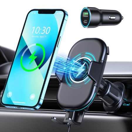 Mohard Handyhalterung Auto Mit Ladefunktion, Max 15W Fast Qi Wireless Charger Auto, 360° Drehung & Rutschen und Fallen Nie Kfz Induktive Ladestation für 5,4"-7" Telefon (QC3.0 Autoladegerät Inklusive)