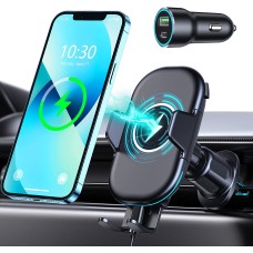 Mohard 15W Qi Cargador Inalámbrico Coche con Adaptador Cargador QC 3.0, Soporte Móvil Coche Carga Rápida, Sujeta Movil Coche Rotación de 360° Compatible con iPhone 13 Pro Max/12/11/XR, Galaxy y Otros