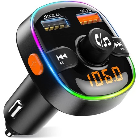 Mohard Transmisor FM Bluetooth Coche, QC3.0 Cargador Rápido Adaptador Bluetooth Jack, Manos Libres Conector Bluetooth Coche con 7 Colores Retroiluminados LED & 2 USB, Soporte Unidad USB & Tarjeta TF