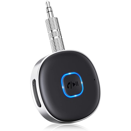 Mohard Receptor Bluetooth 5.0, AUX Adaptador Bluetooth Coche Audio Jack 3.5mm para Estéreo Domestico/Altavoz/Auriculares con Cable, Llamadas Manos Libres y Conexión Dual, Tiempo de Reproducción 16H