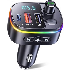 Mohard Transmisor FM Bluetooth Coche 5.0, QC3.0 & PD 18W USB C Receptor MP3 Bluetooth Coche con 9 Retroiluminados RGB, Manos Libres Adaptador Bluetooth Coche Soporte Siri Google Assistant & Unidad USB