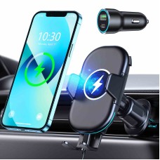 Mohard 15W Qi Chargeur Induction Voiture avec Rapid Adaptateur Chargeur QC 3.0, Rotation 360°De Sortie d'air Support Telephone Voiture Induction Compatible avec iPhone 13 Samsung Autres Appareils Qi