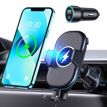 Mohard 15W Qi Chargeur Induction Voiture avec Rapid Adaptateur Chargeur QC 3.0, Rotation 360°De Sortie d'air Support Telephone Voiture Induction Compatible avec iPhone 13 Samsung Autres Appareils Qi