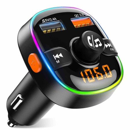 Mohard Bluetooth Voiture, Charge Rapide QC3.0 Transmetteur FM Bluetooth 5.0 avec Rétroéclairé LED 7 Couleurs & 2 Ports USB, Adaptateur Bluetooth Voiture Appel Mains Libres & Support Clé USB & Carte TF